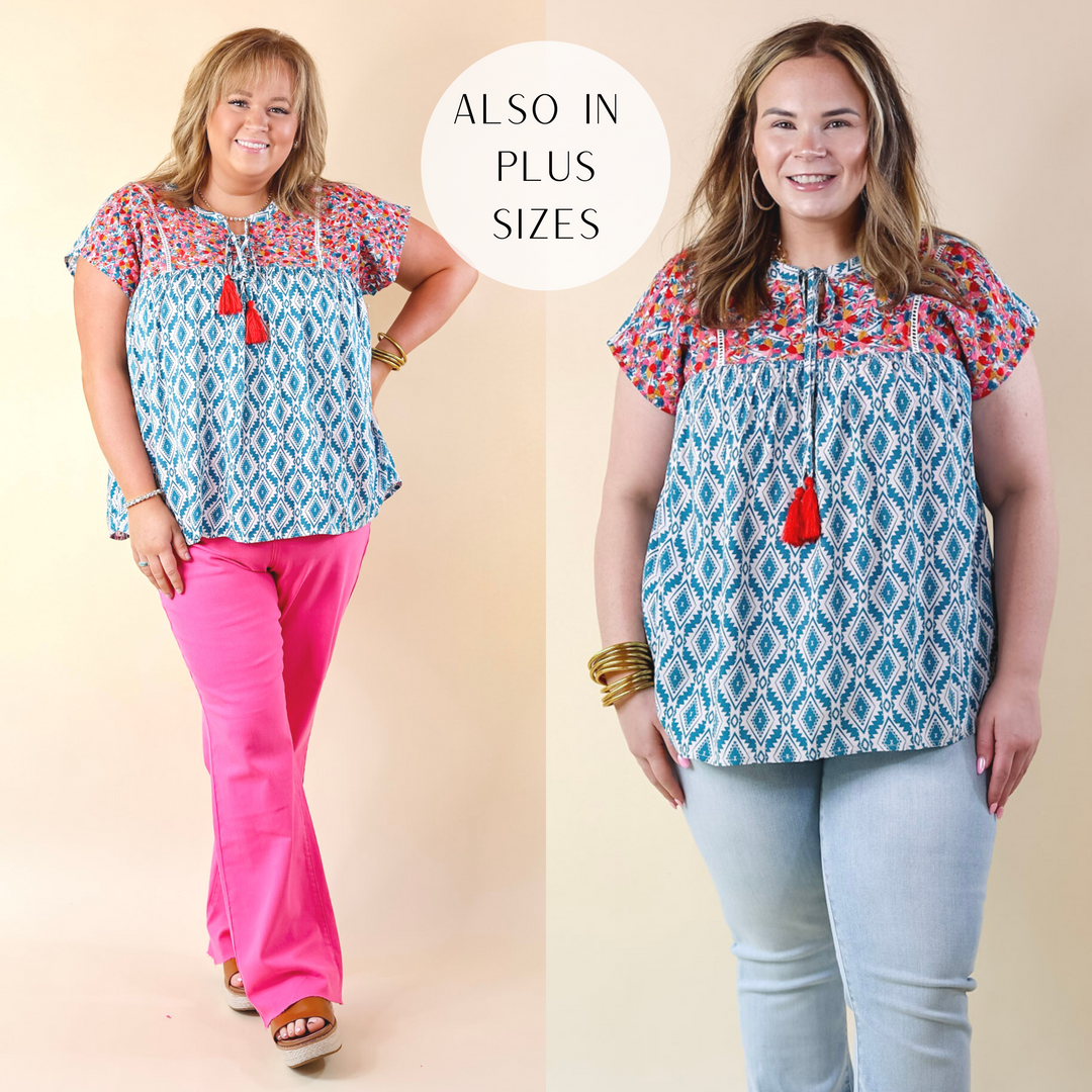 Fredericksburg In the Spring Aztec Print Embroidered Top with Front Keyhole in Turquoise Blue - Giddy Up Glamour Boutique