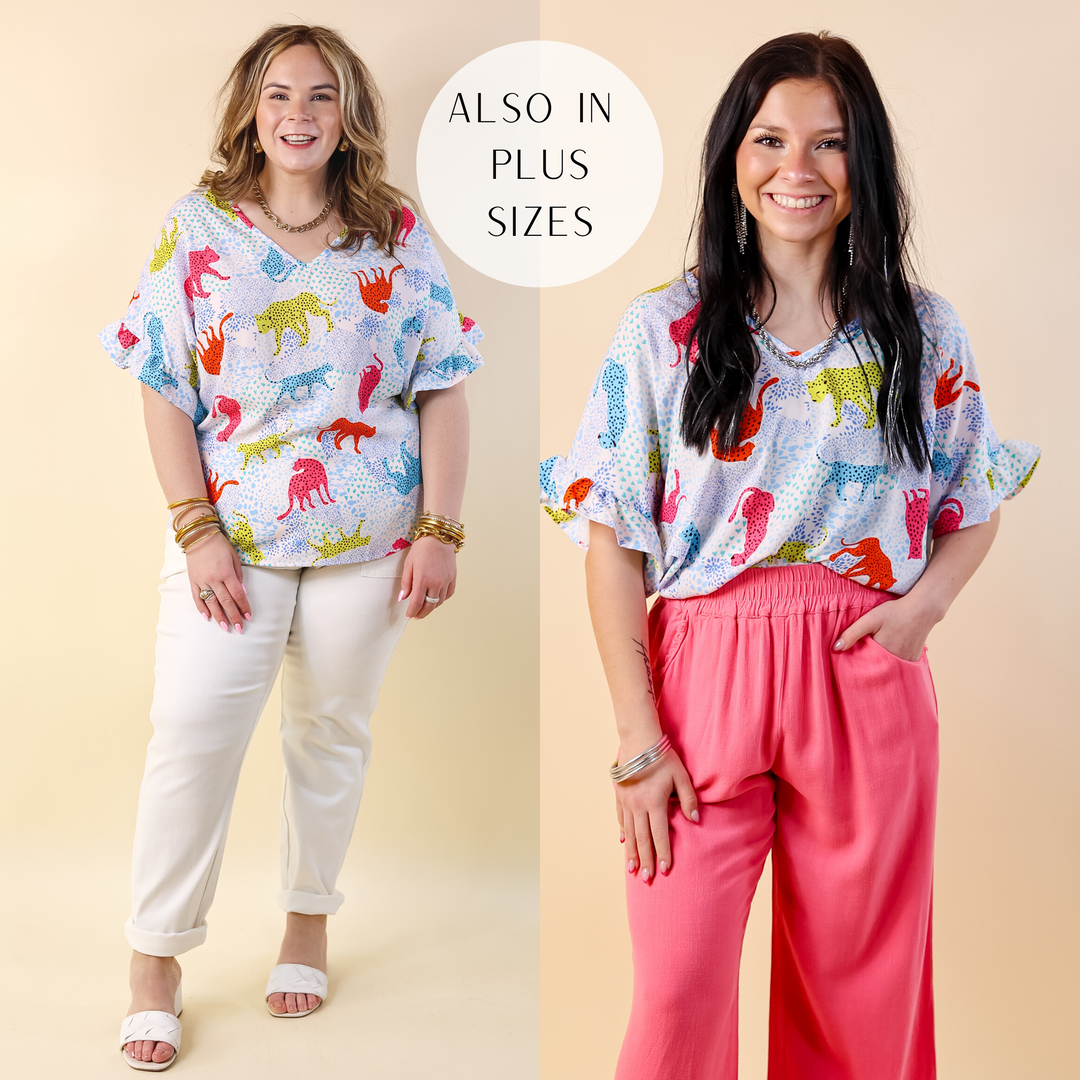 Best Version Cheetah Print V Neck Top with Ruffle Short Sleeves in Blue Mix - Giddy Up Glamour Boutique