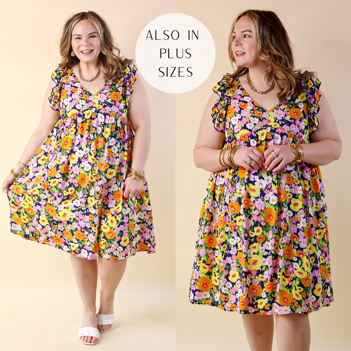 Spring Beauty Floral Ruffle Cap Sleeve Midi Dress in Navy Blue - Giddy Up Glamour Boutique