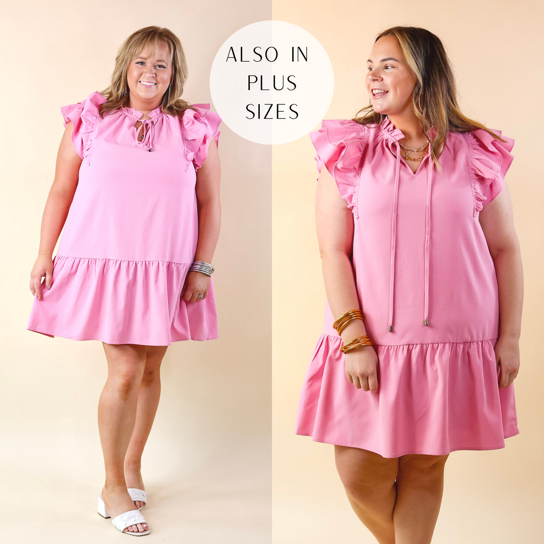 Powerful Love Ruffle Cap Sleeve Dress with Keyhole and Tie Neckline in Light Pink - Giddy Up Glamour Boutique