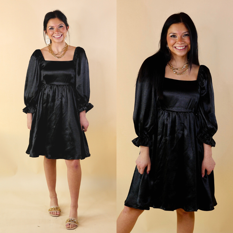 Feeling Fine Satin Babydoll Dress with 3/4 Sleeves in Black - Giddy Up Glamour Boutique