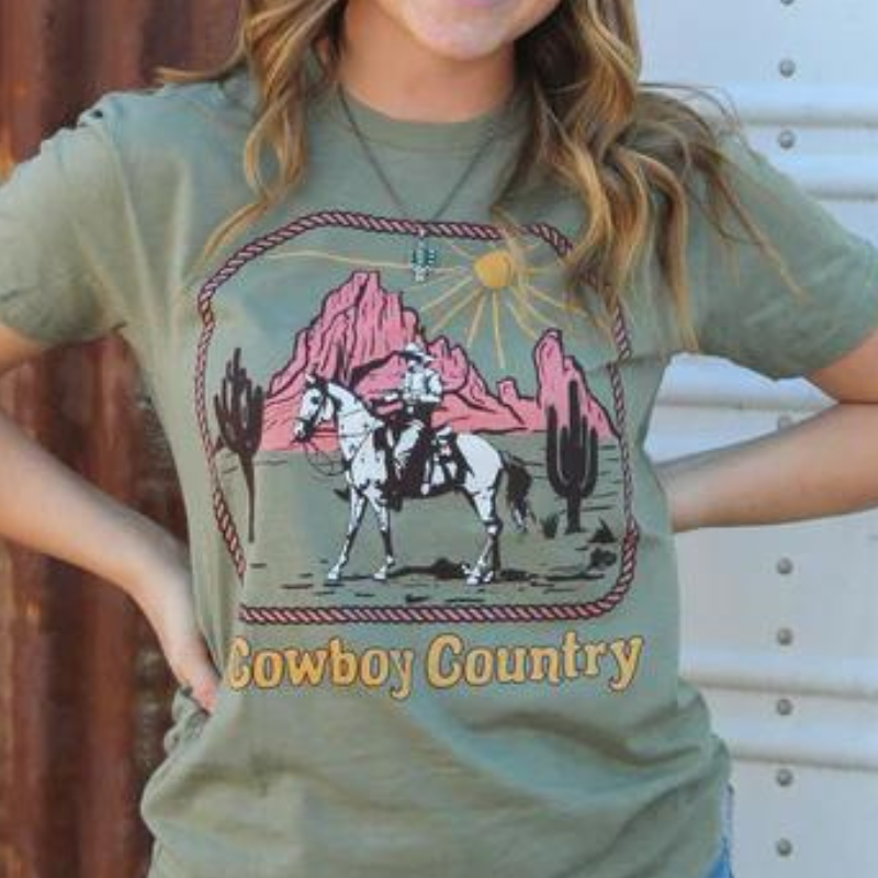 Online Exclusive | Cowboy Country Short Sleeve Graphic Tee in Green - Giddy Up Glamour Boutique