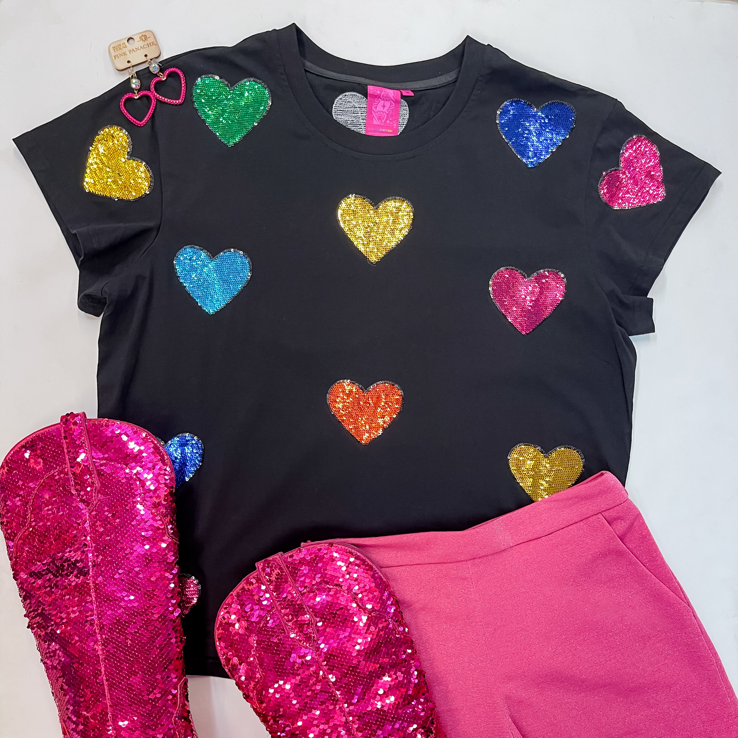 Queen Of Sparkles | Fluttering Hearts Multi-Colored Sequin Top in Black - Giddy Up Glamour Boutique