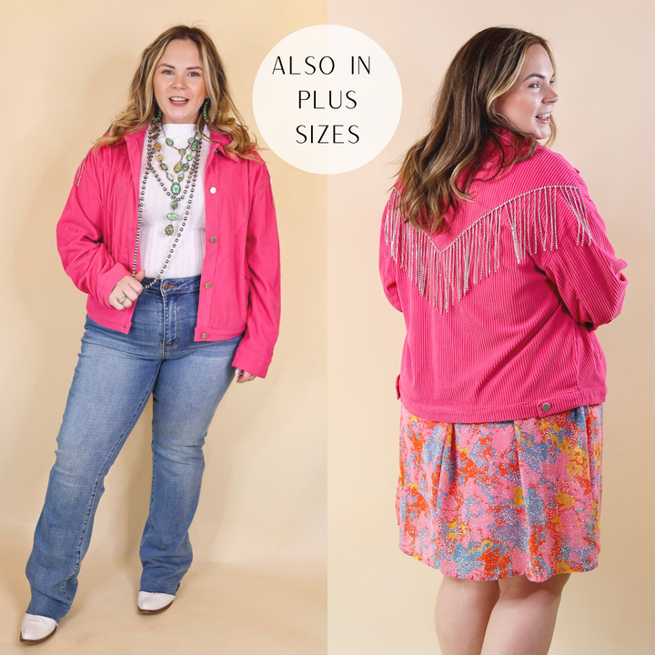 Signature Moves Button Up Corduroy Jacket with Crystal Fringe Back in Hot Pink - Giddy Up Glamour Boutique