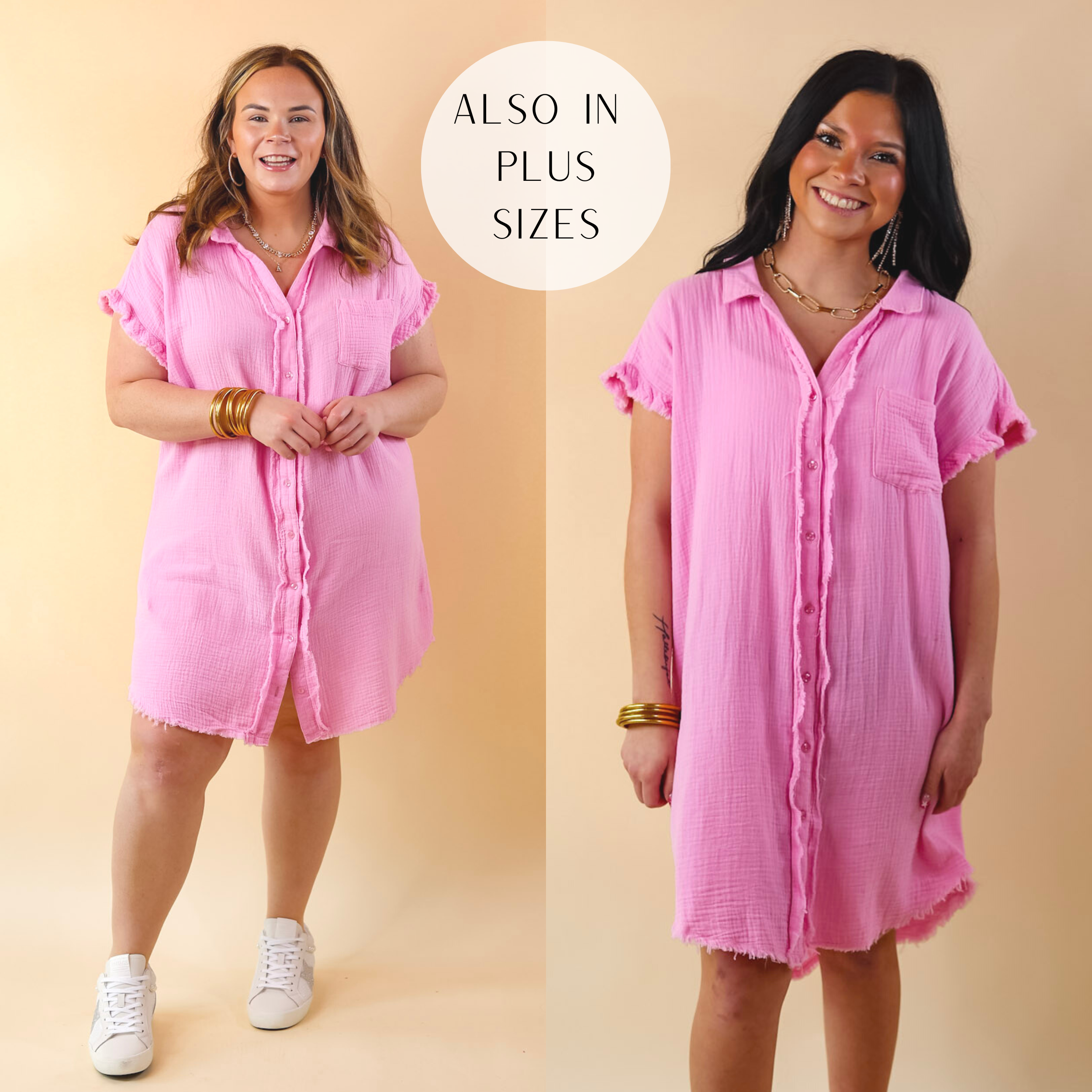 Spring Glow Button Up Raw Hem Dress in Pink - Giddy Up Glamour Boutique
