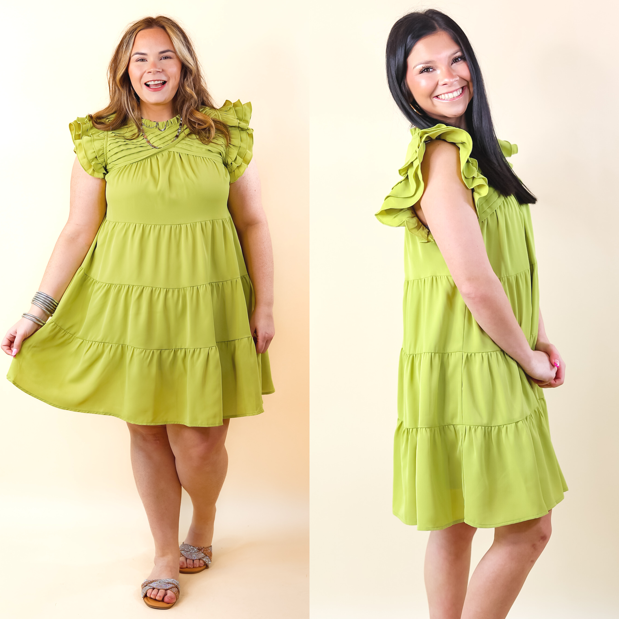 Chic On Scene Ruffle Tiered Dress with Pleated Detailing in Pistachio Green - Giddy Up Glamour Boutique