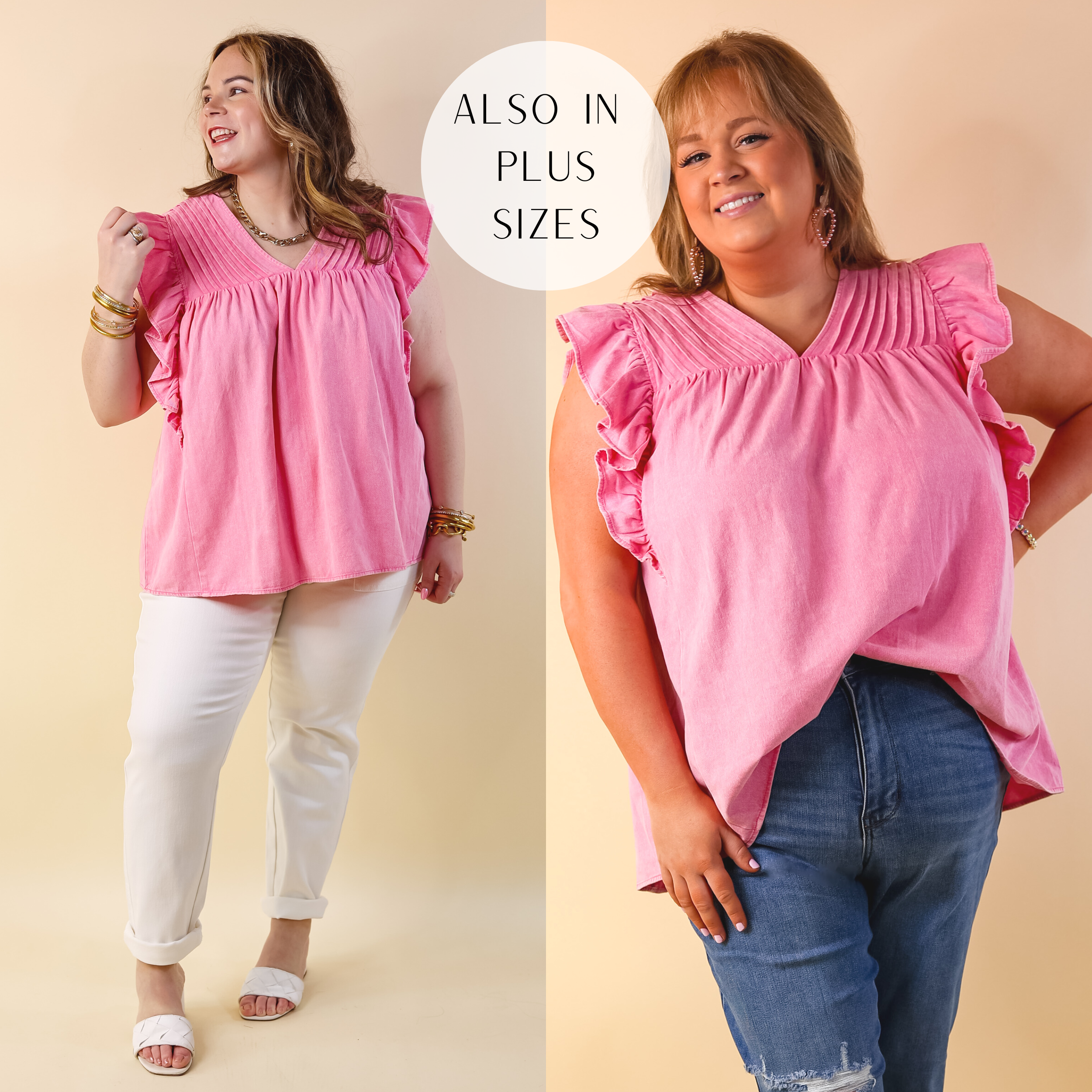 Name Of The Game Denim Ruffle Cap Sleeve Top with Pleated Upper in Pink - Giddy Up Glamour Boutique