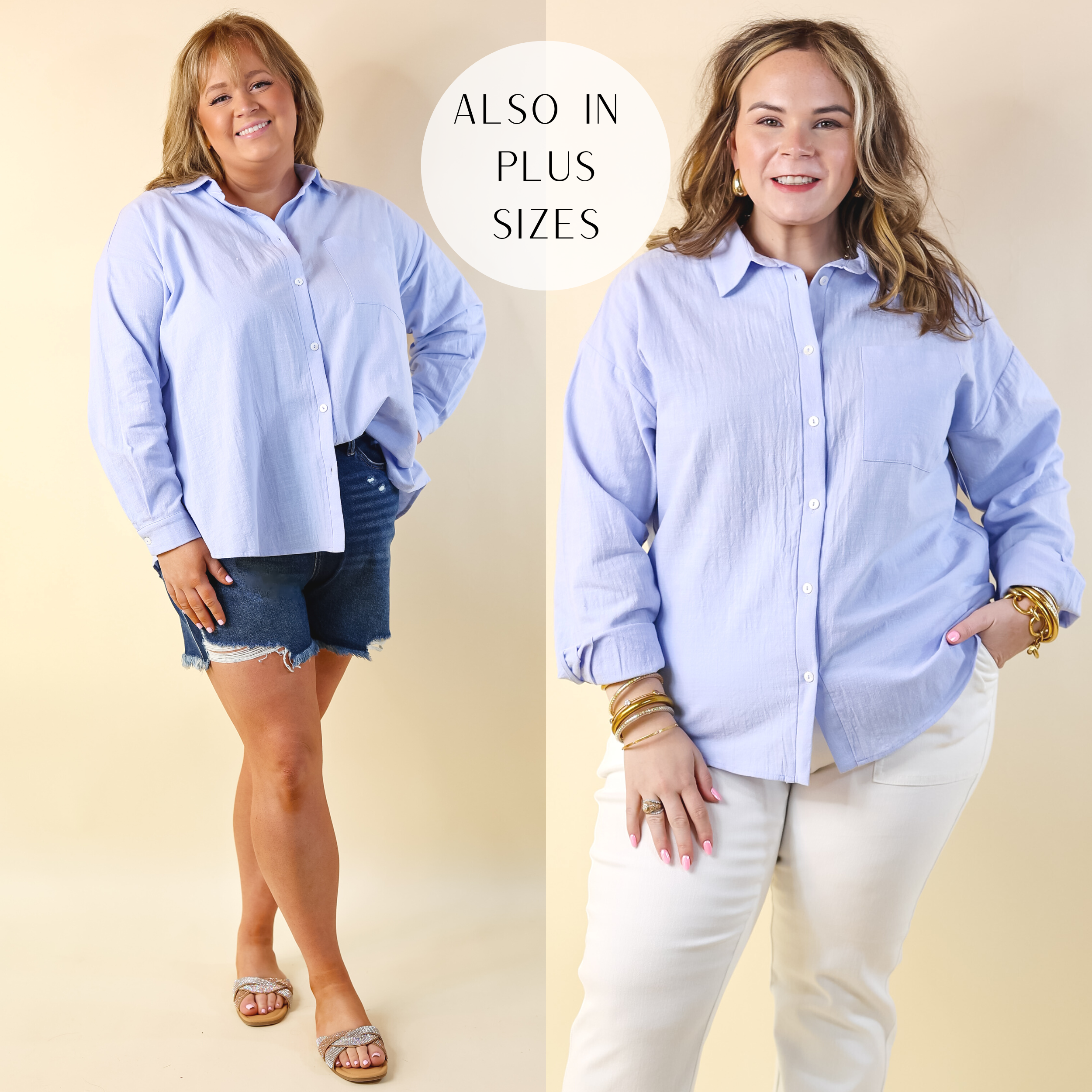 Don't Let Me Down Button Up Long Sleeve Top in Sky Blue - Giddy Up Glamour Boutique