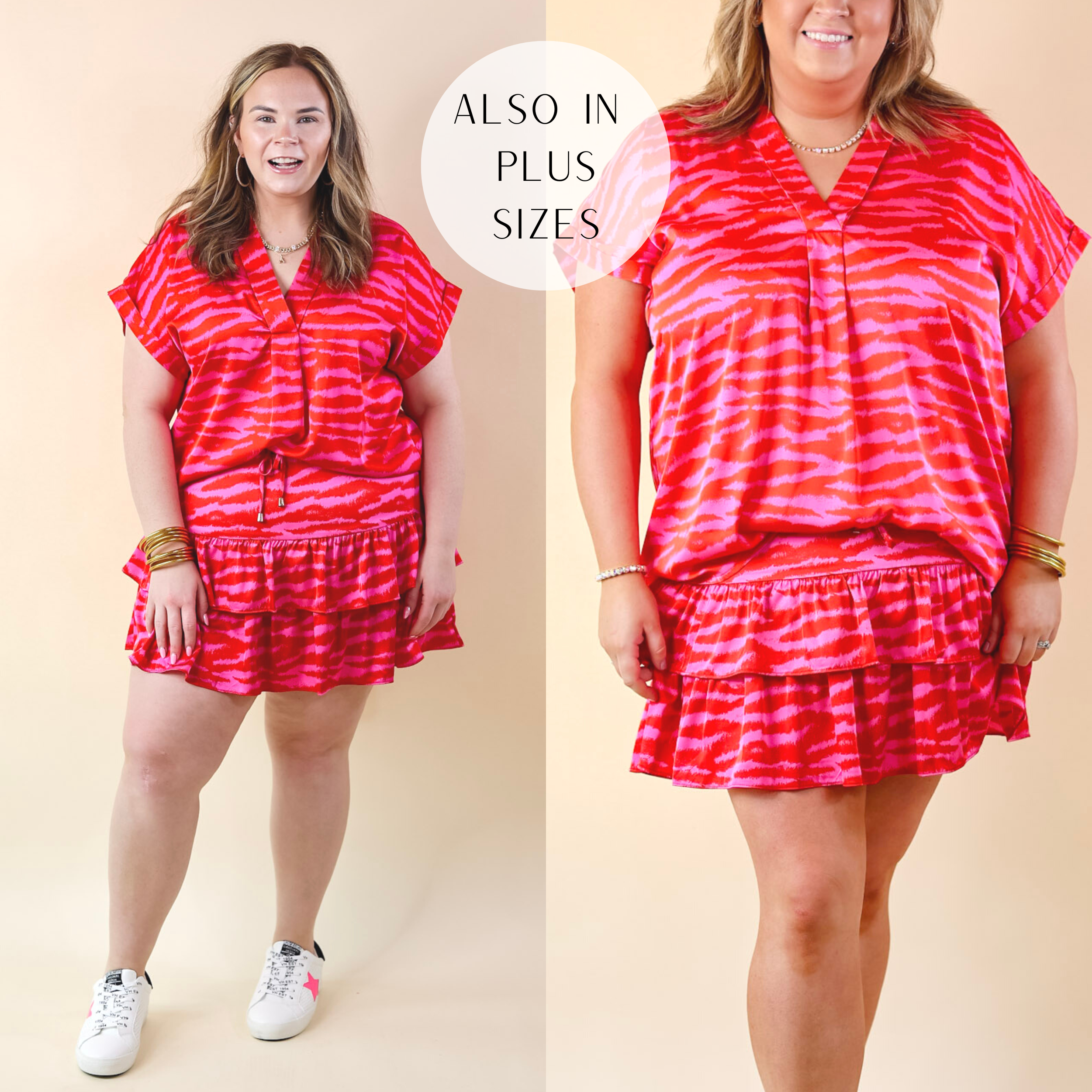Vibrant Vibes Zebra Print Tiered Skort with Drawstring Waist in Red and Pink - Giddy Up Glamour Boutique