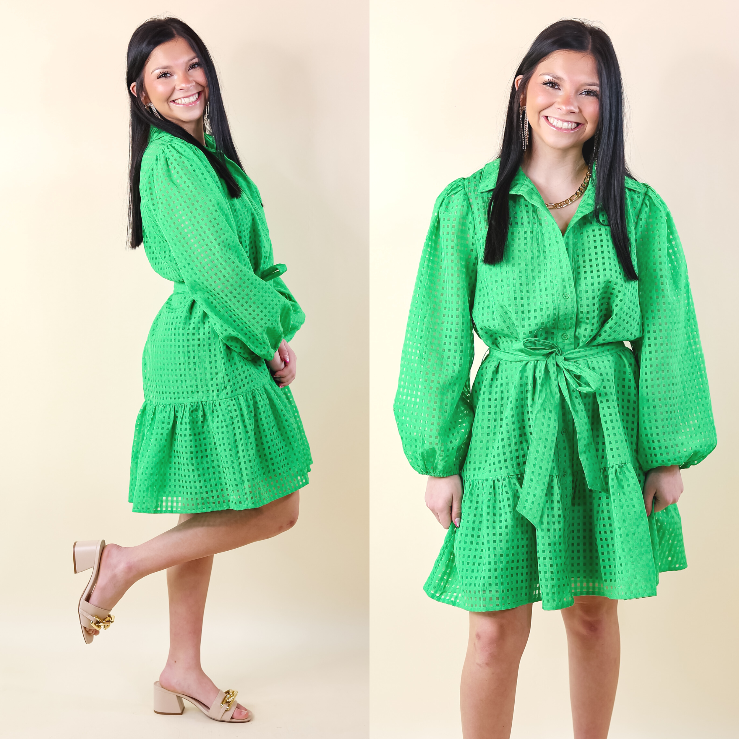 Fresh Air Sheer Gingham Print Button Up Dress in Green - Giddy Up Glamour Boutique