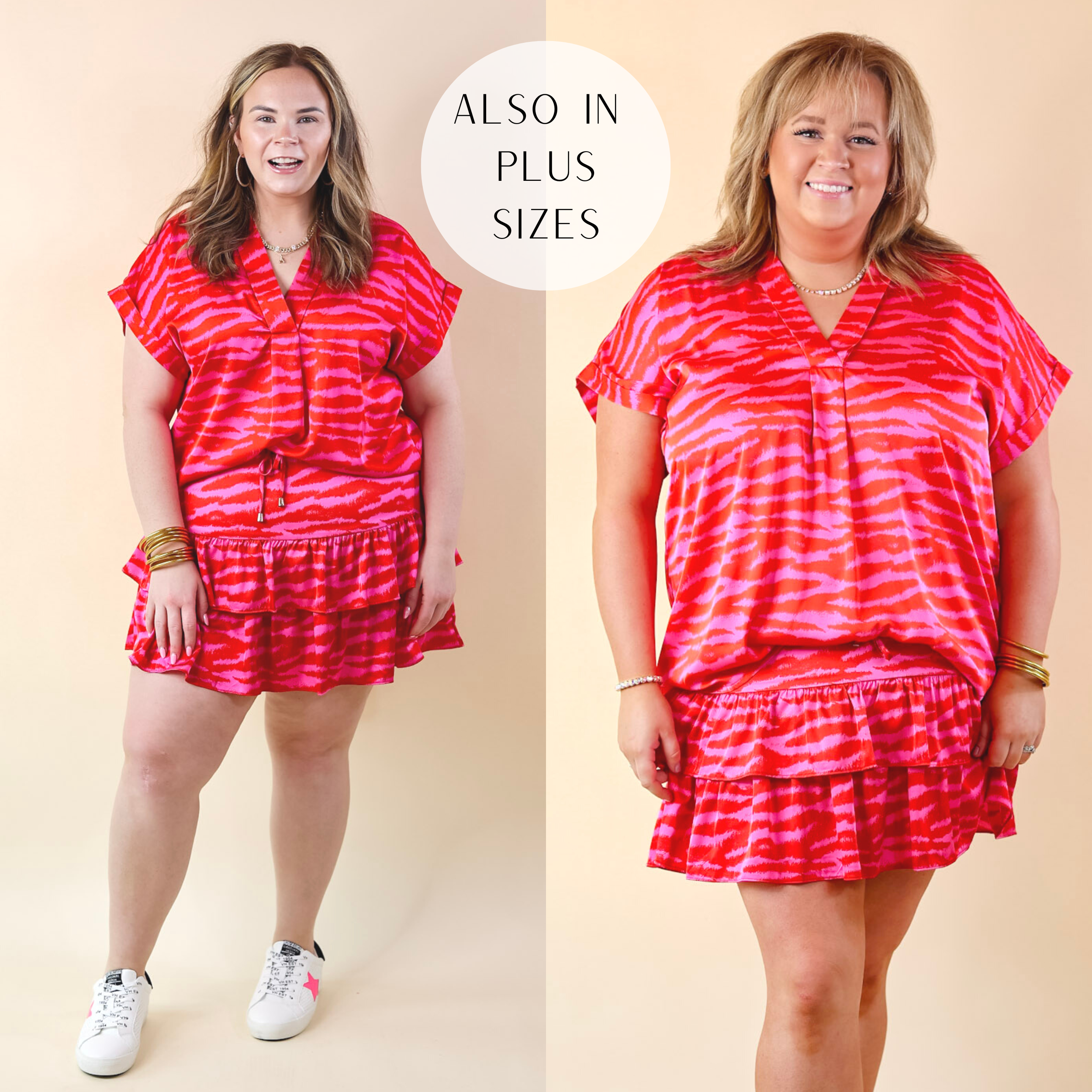 Vibrant Vibes Zebra Print V Neck Top with Short Sleeves in Red and Pink - Giddy Up Glamour Boutique