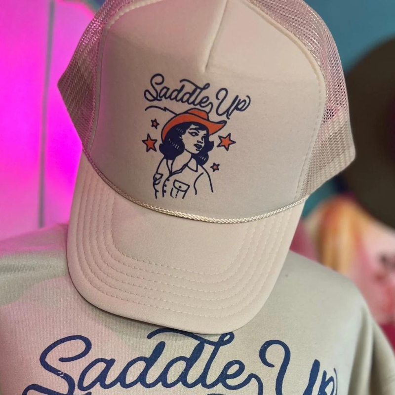 Online Exclusive | Saddle Up Cowgirl Foam Trucker Cap in Cream - Giddy Up Glamour Boutique