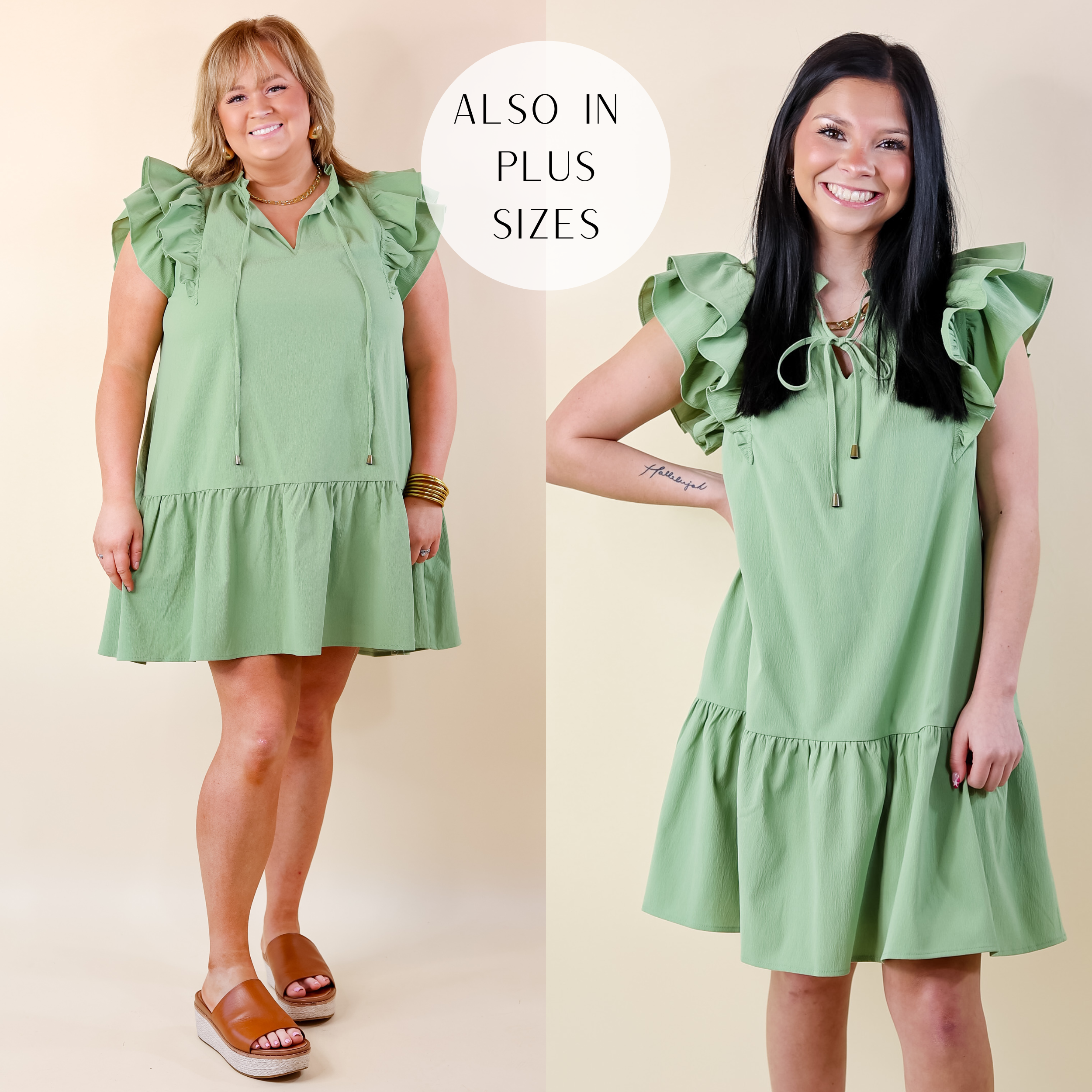 Powerful Love Ruffle Cap Sleeve Dress with Keyhole and Tie Neckline in Sage Green - Giddy Up Glamour Boutique