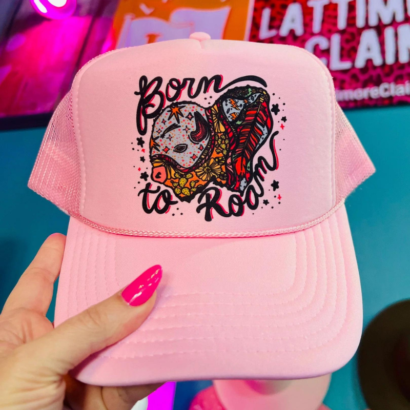 Online Exclusive | Born To Roam Foam Trucker Cap in Baby Pink - Giddy Up Glamour Boutique