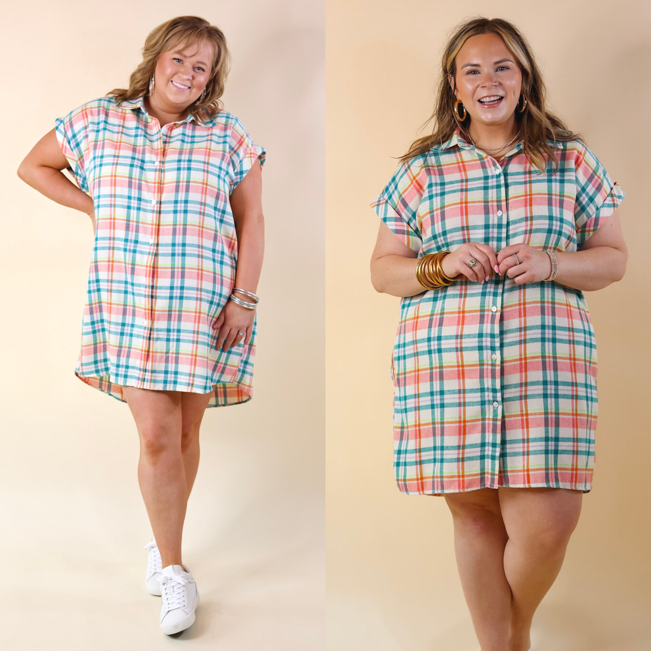 Better To Stand Out Plaid Button Up Dress in Ivory - Giddy Up Glamour Boutique