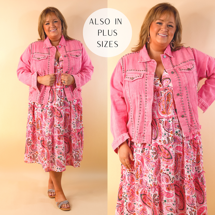 Instantly Impressed Cropped Denim Jacket with Silver Studs in Hot Pink - Giddy Up Glamour Boutique