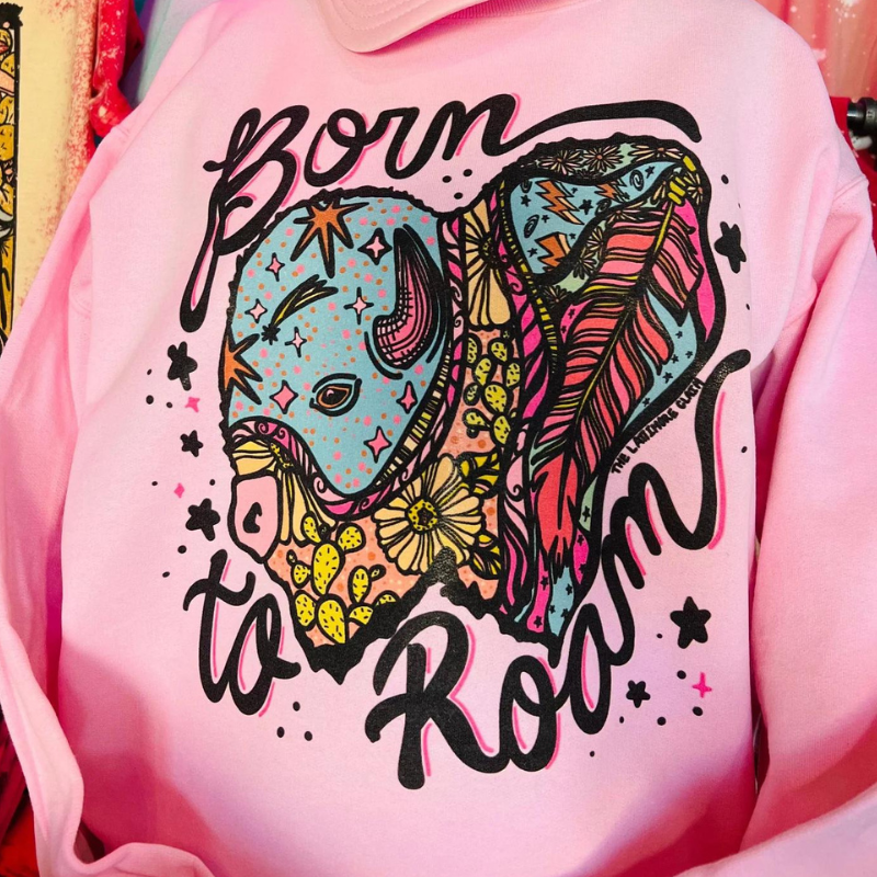 Online Exclusive | Born To Roam Buffalo Long Sleeve Graphic Sweatshirt in Baby Pink - Giddy Up Glamour Boutique