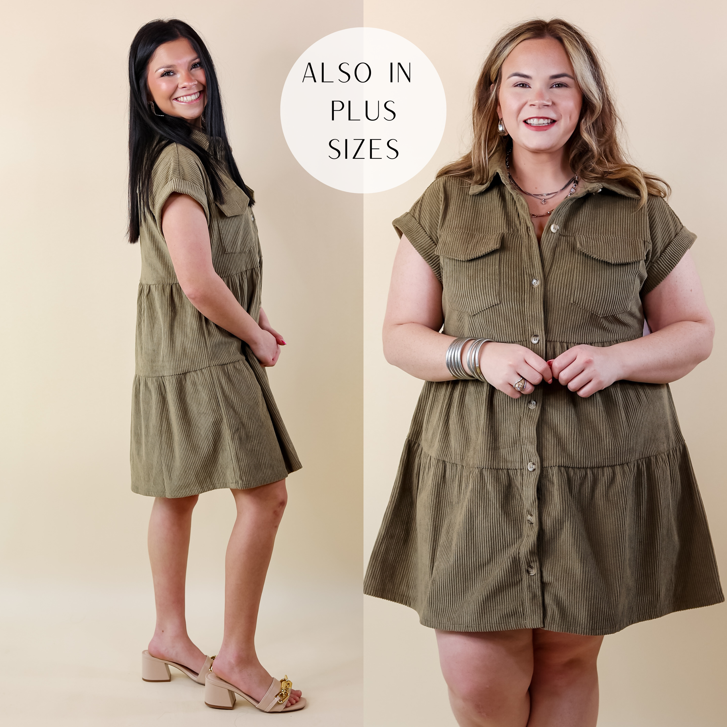 Latest Obsession Button Up Corduroy Dress in Olive Green - Giddy Up Glamour Boutique