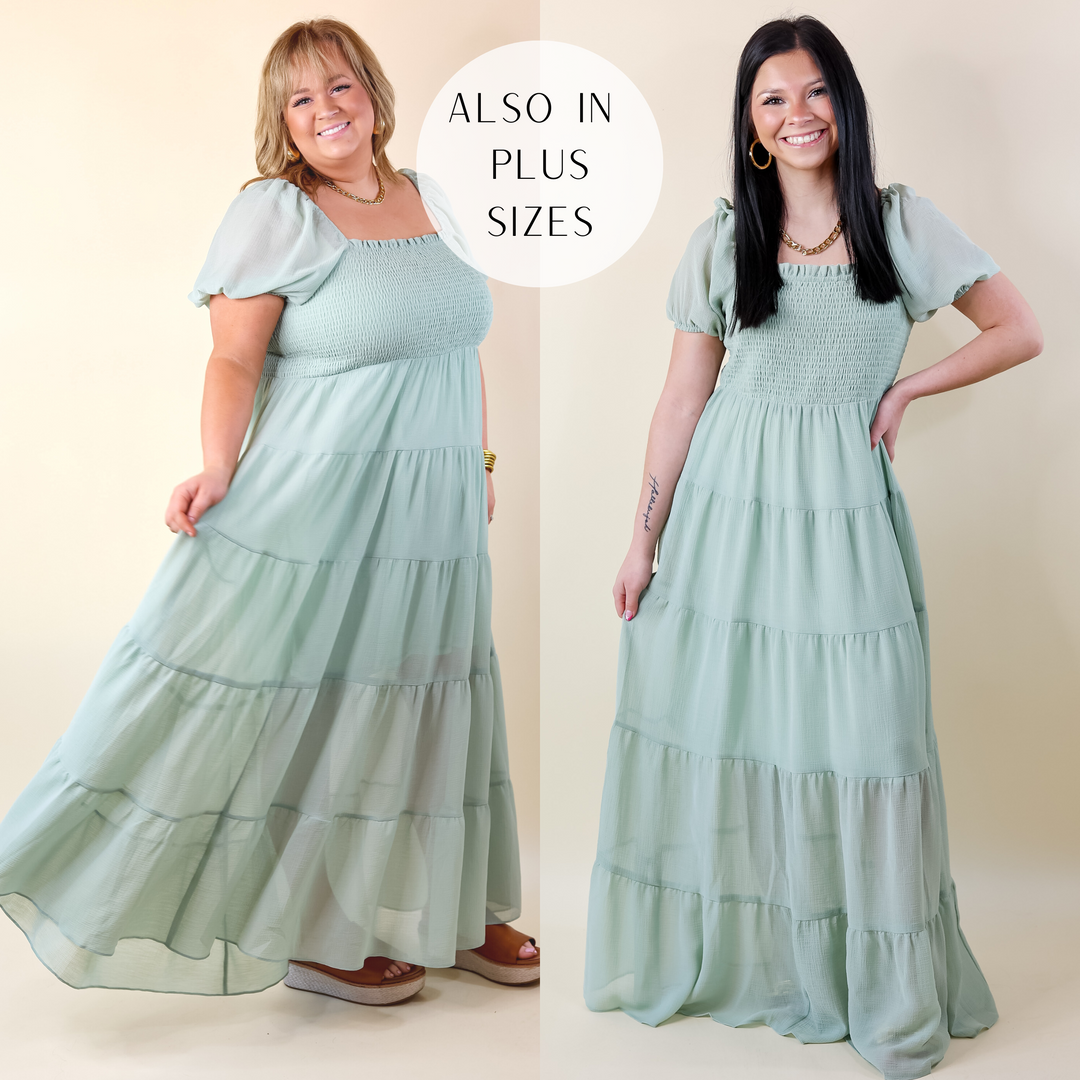 Honeysuckle Love Tiered Maxi Dress with Smocked Bodice in Sage Green - Giddy Up Glamour Boutique