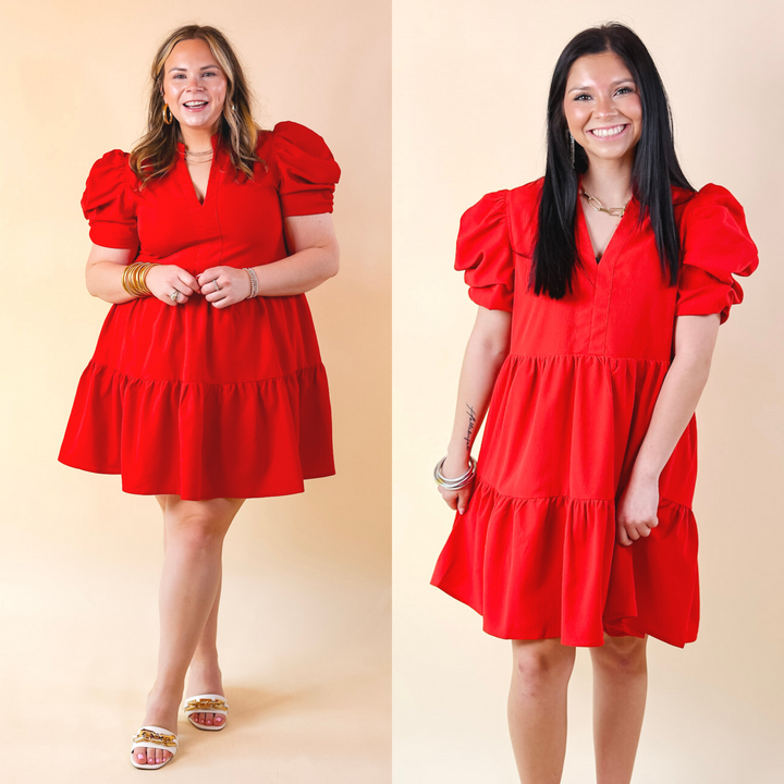 Call Me Chic Balloon Sleeve Short Dress in Red - Giddy Up Glamour Boutique