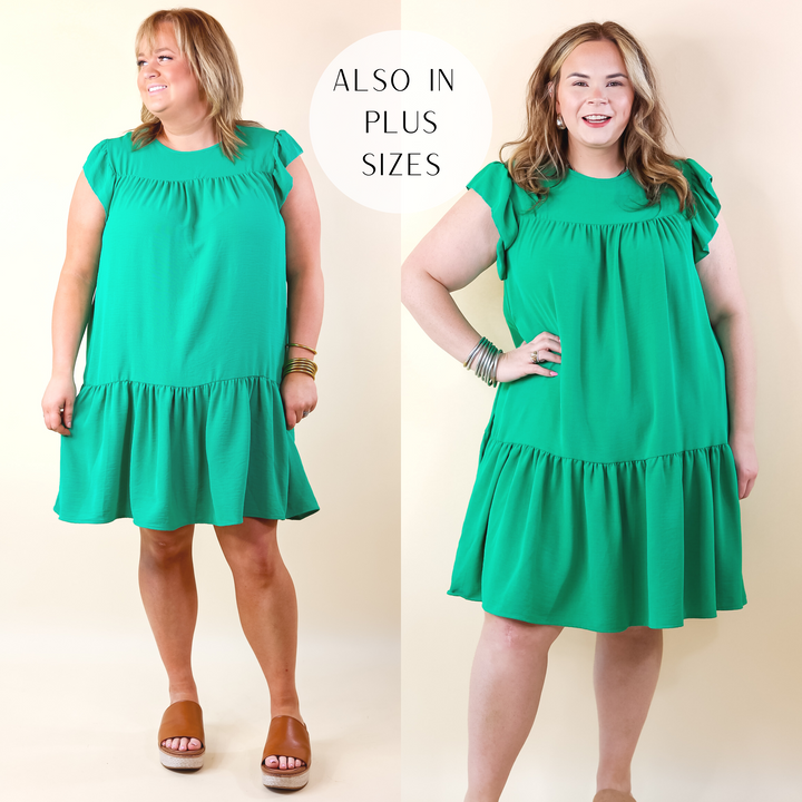 Greek Isles Solid Dress with Ruffle Cap Sleeves in Green - Giddy Up Glamour Boutique