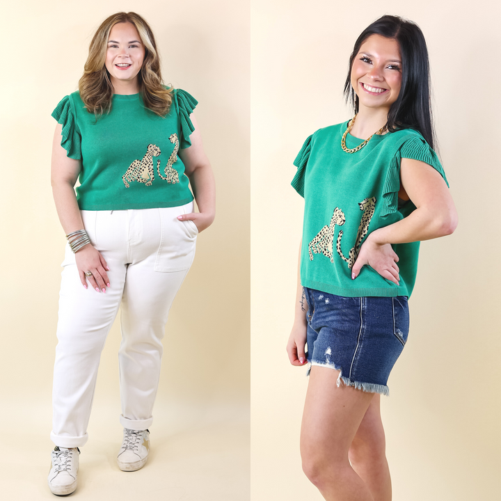 Talk This Way Cheetah Print Sweater with Ruffle Cap Sleeves in Green - Giddy Up Glamour Boutique