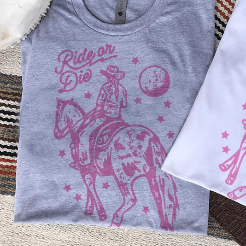 Online Exclusive | Ride Or Die Cowgirl Short Sleeve Graphic Tee in Grey - Giddy Up Glamour Boutique