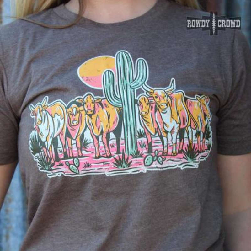 Online Exclusive | Cattle Drive Short Sleeve Graphic Tee in Brown - Giddy Up Glamour Boutique