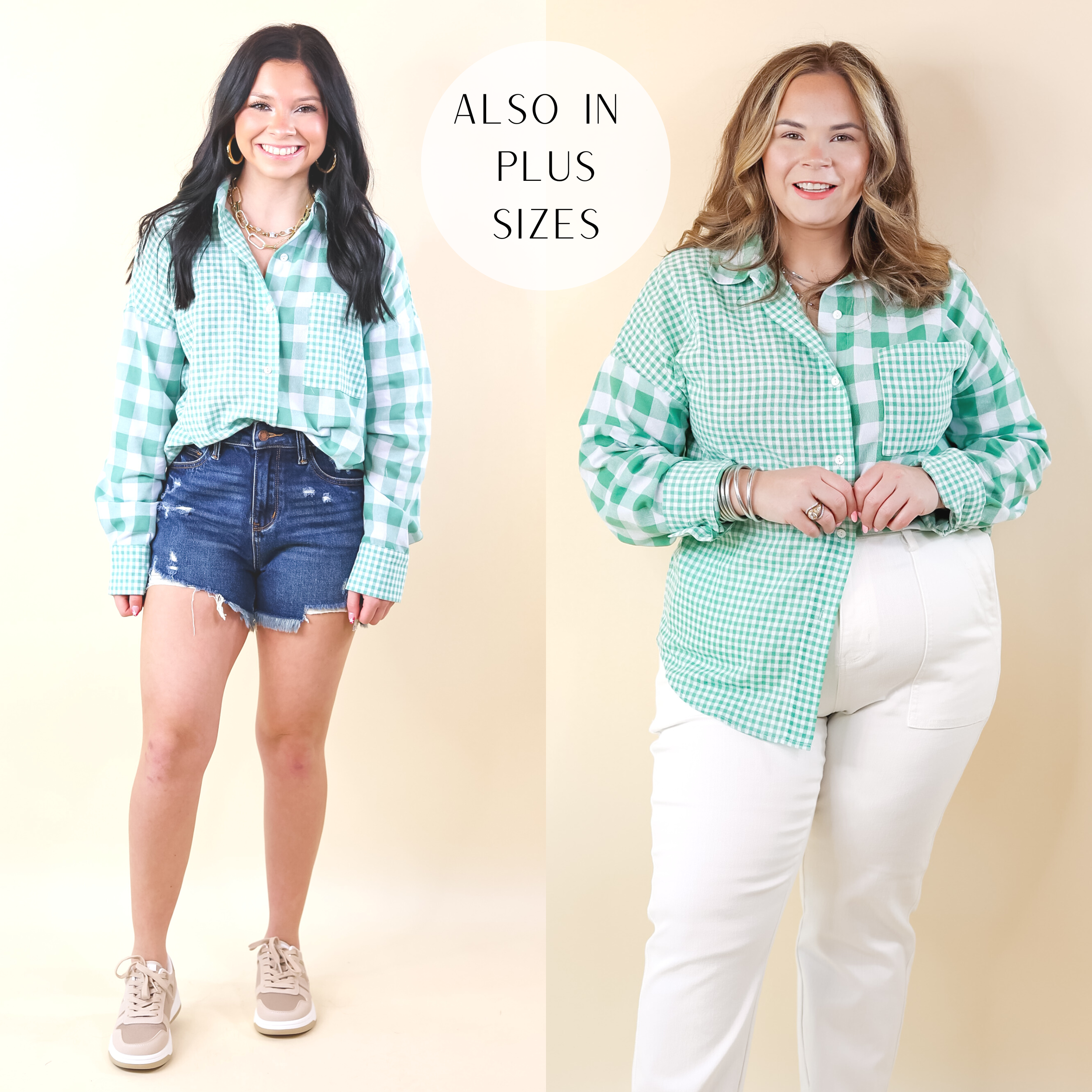 Waiting For You Mix Plaid Button Up Top in Green - Giddy Up Glamour Boutique