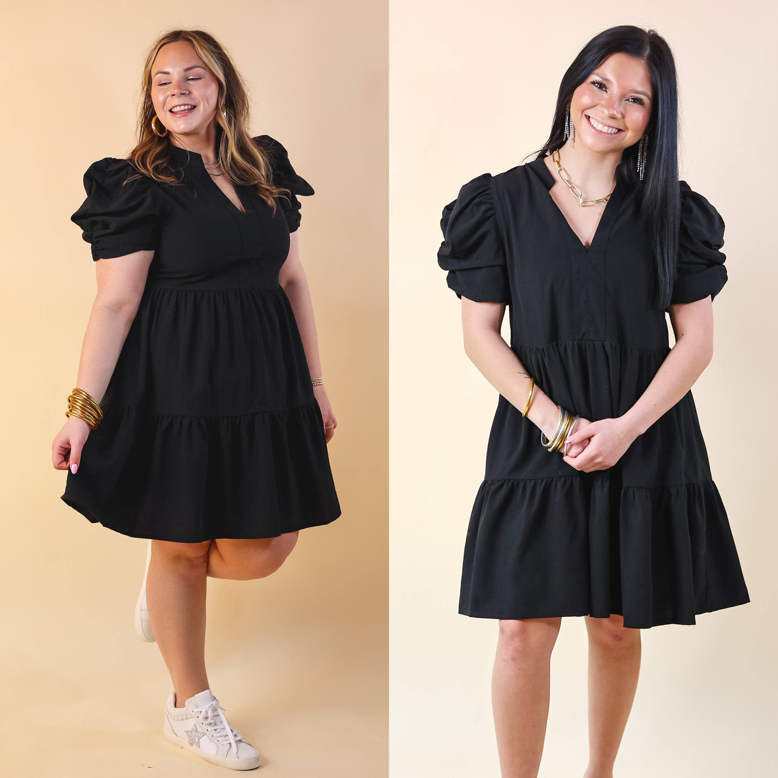 Call Me Chic Balloon Sleeve Short Dress in Black - Giddy Up Glamour Boutique
