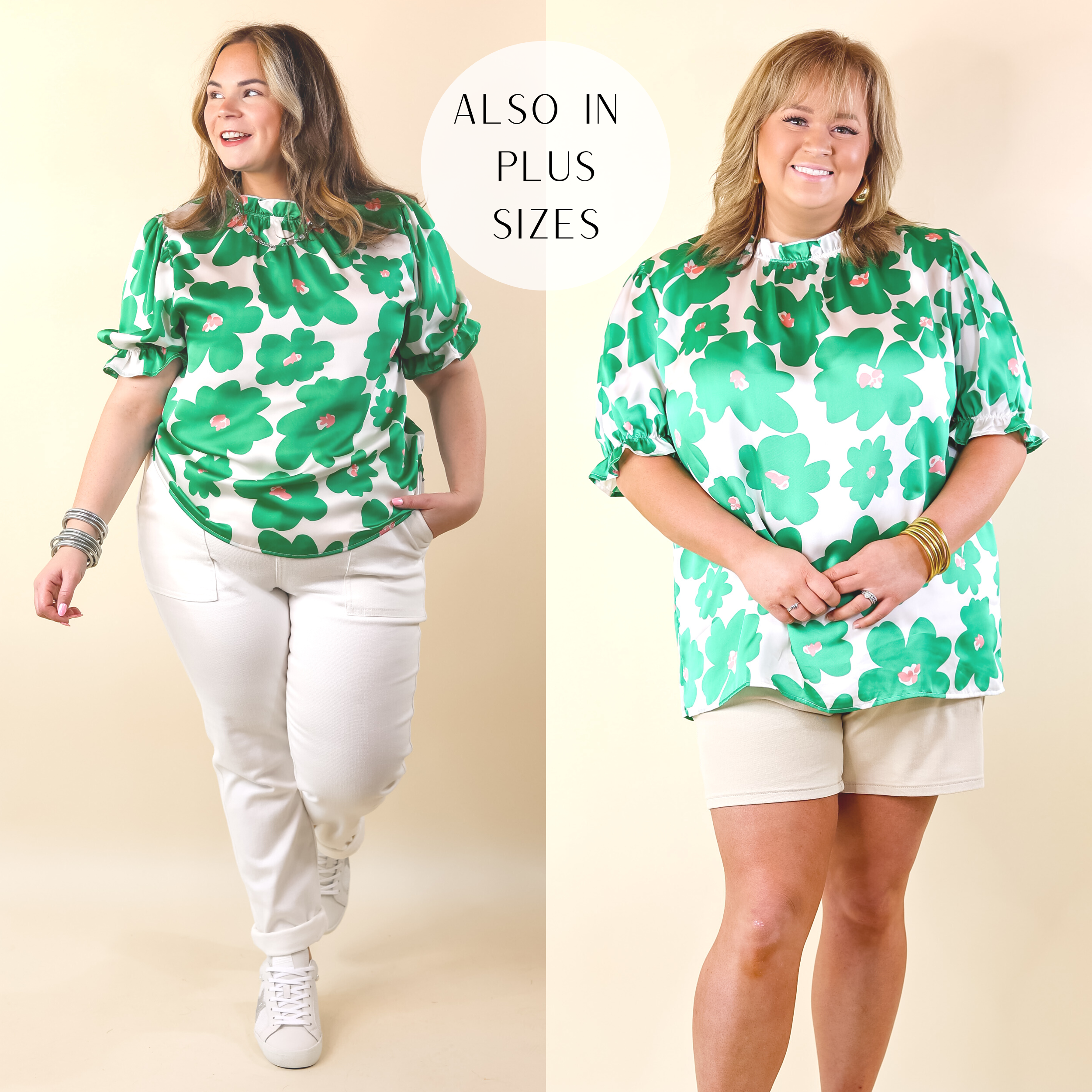 Divine Design Floral Blouse With Puffed Sleeve and Ruffle Neckline in Green - Giddy Up Glamour Boutique