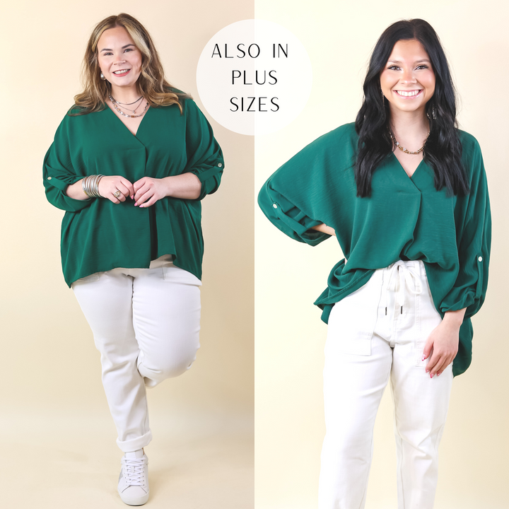Weekend Out V Neck Placket 3/4 Sleeve Top in Emerald Green - Giddy Up Glamour Boutique