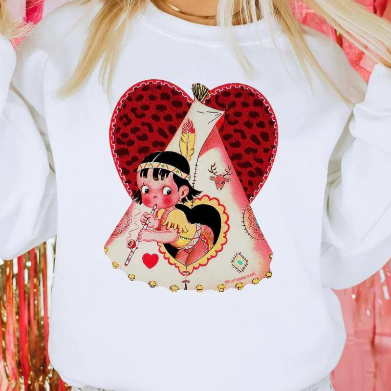 Online Exclusive | Vintage Valentine Teepee Long Sleeve Graphic Sweatshirt in White - Giddy Up Glamour Boutique