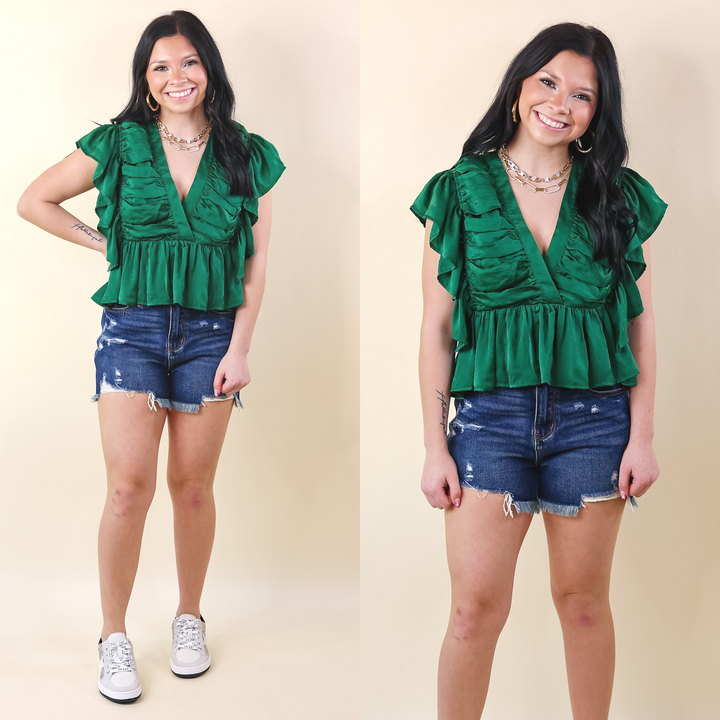 Fresh Take Ruched V Neck Crop Top in Green - Giddy Up Glamour Boutique