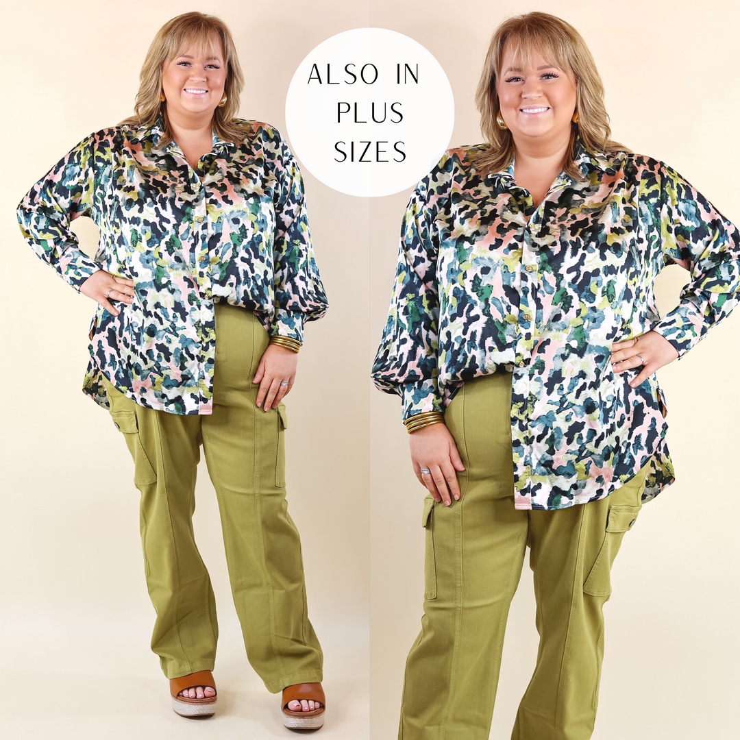 Tell Me Something Good Long Sleeve Button Up Watercolor Animal Print Top in Green Mix - Giddy Up Glamour Boutique