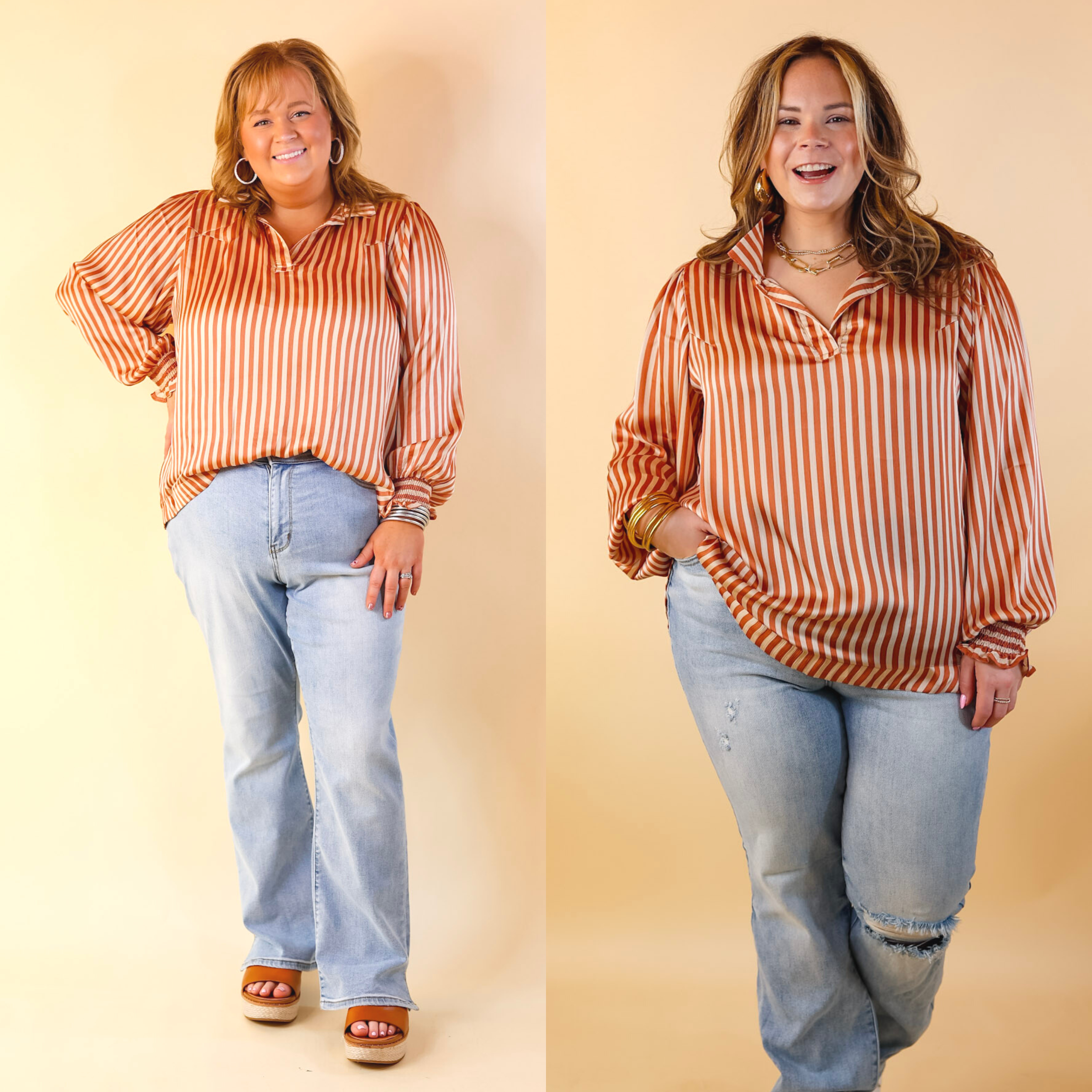 Back To Classic Long Sleeve Striped Top in Dusty Coral Orange - Giddy Up Glamour Boutique