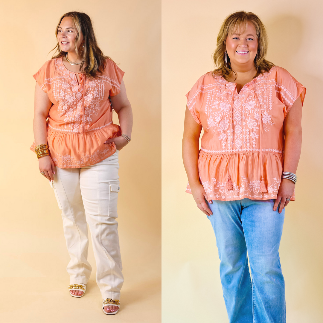 Craving Sunshine Embroidered Cap Sleeve Top with Keyhole in Light Coral Orange - Giddy Up Glamour Boutique