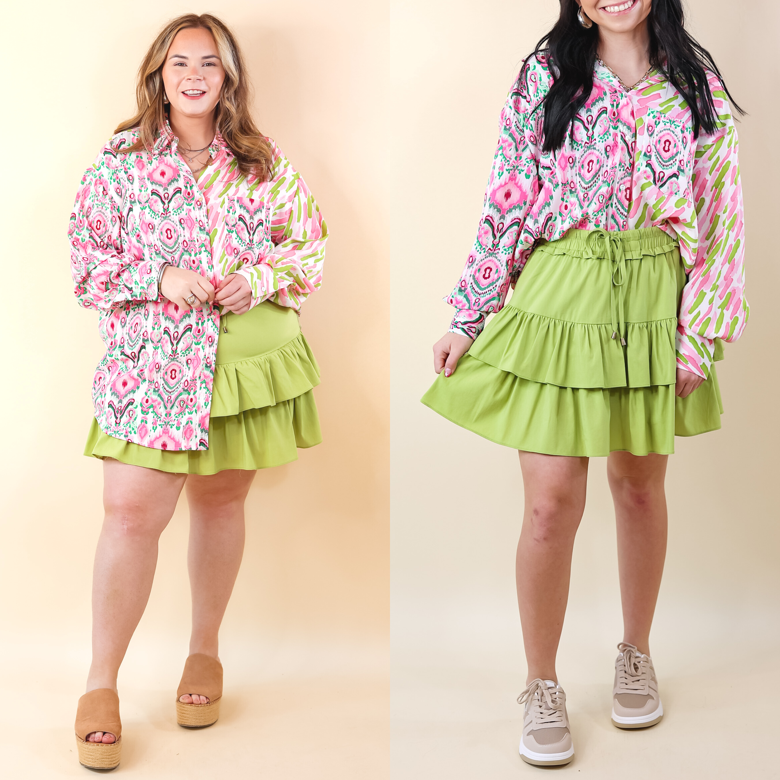 Vibrant Vibes Tiered Skort with Drawstring Waist in Green - Giddy Up Glamour Boutique