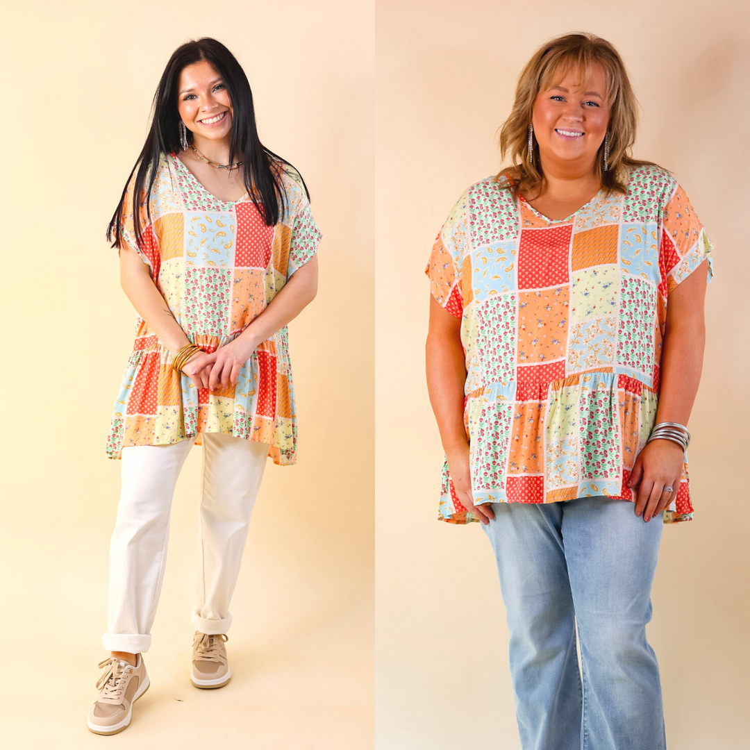Divine Downtime Mix Patch Print Peplum Top in Orange Mix - Giddy Up Glamour Boutique