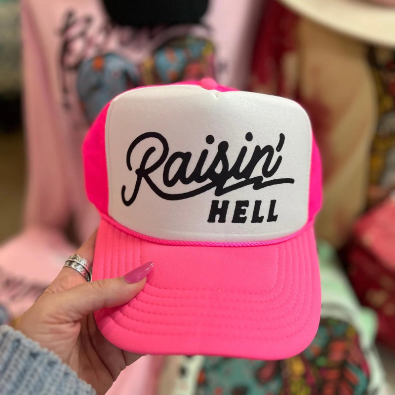 Online Exclusive | Raisin' Hell Foam Trucker Cap in Neon Pink and White - Giddy Up Glamour Boutique