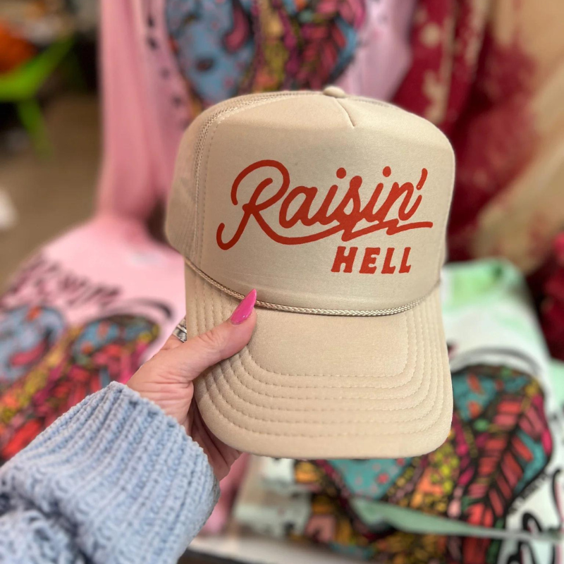 Online Exclusive | Raisin' Hell Foam Trucker Cap in Cream - Giddy Up Glamour Boutique
