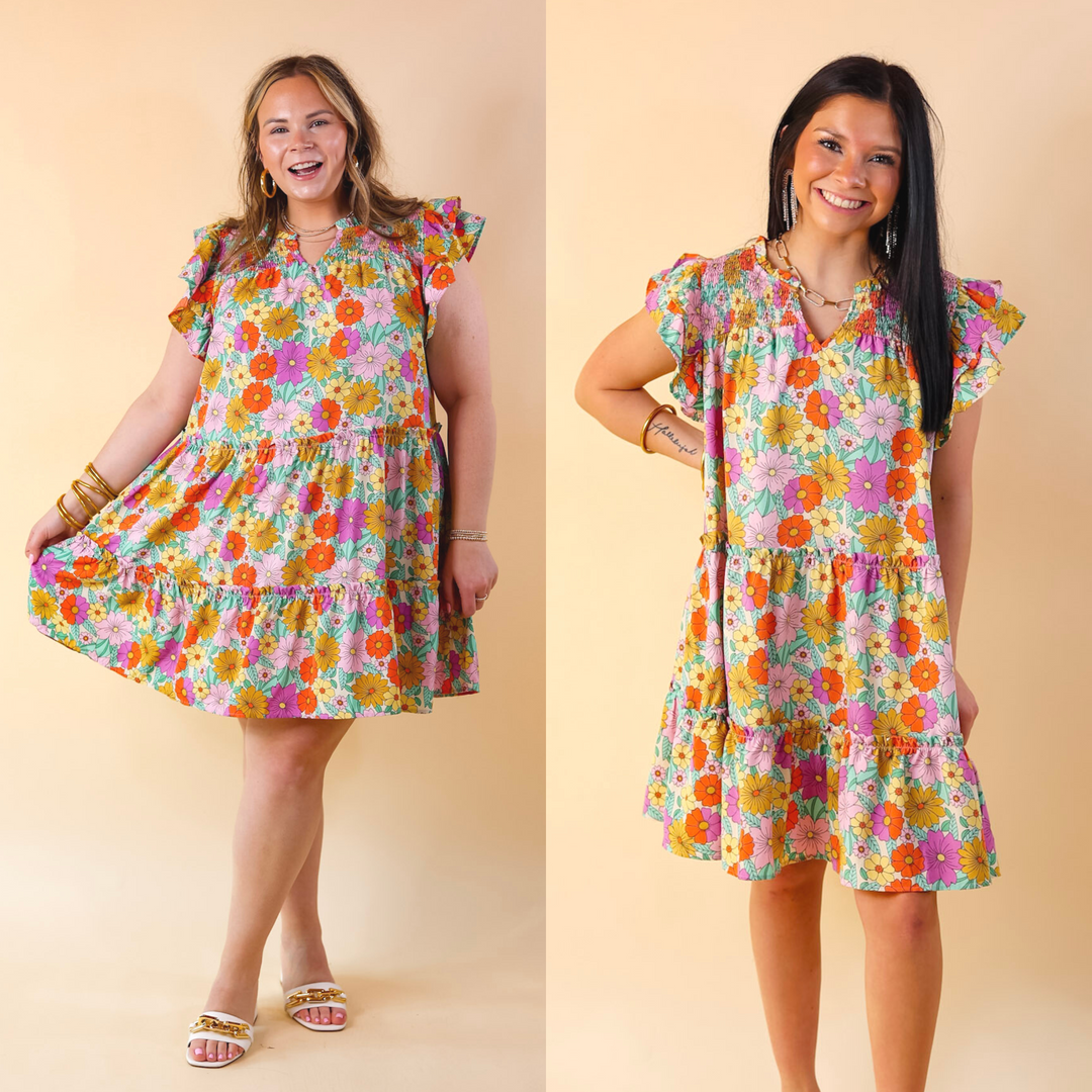 Pretty Days Floral Notched Neckline Dress in Cream - Giddy Up Glamour Boutique