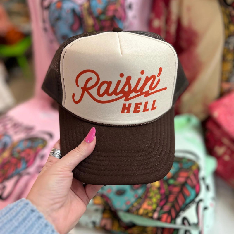 Online Exclusive | Raisin' Hell Foam Trucker Cap in Brown & Tan - Giddy Up Glamour Boutique