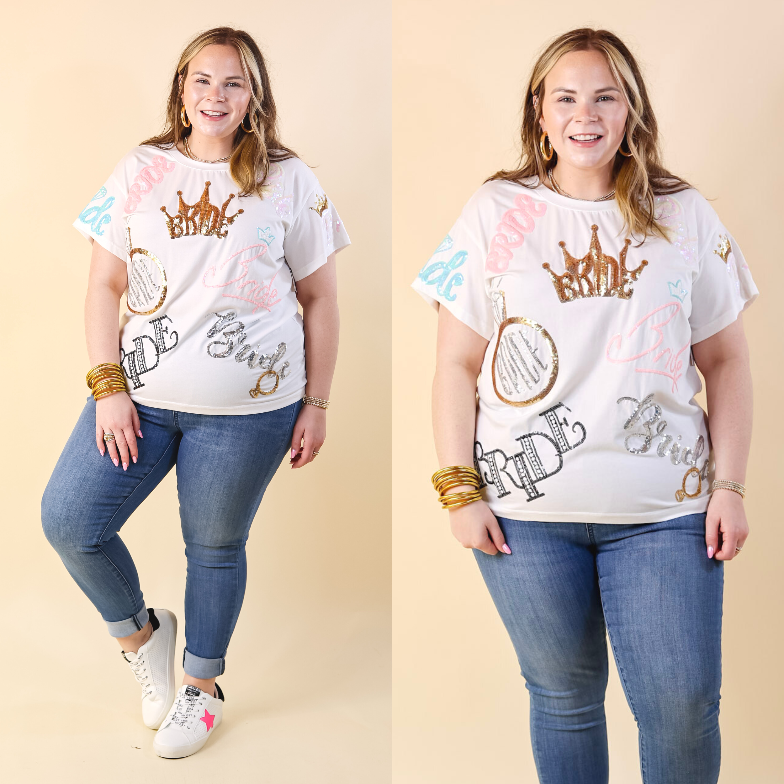 Queen Of Sparkles | Happily Ever After Bride Fully Sequin Short Sleeve Tee in White - Giddy Up Glamour Boutique