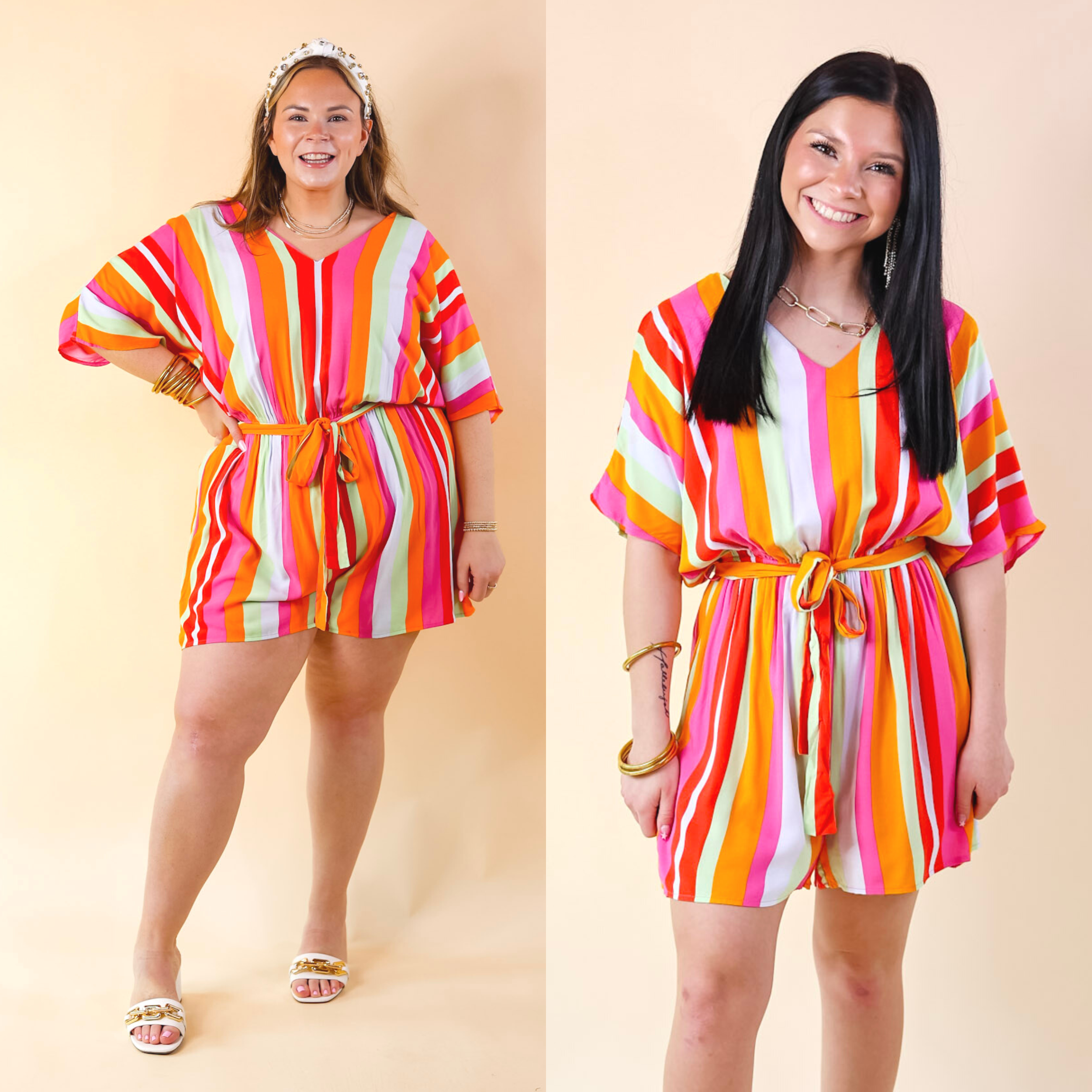 Sun And Shade Striped Romper with Short Sleeves in Pink Mix - Giddy Up Glamour Boutique