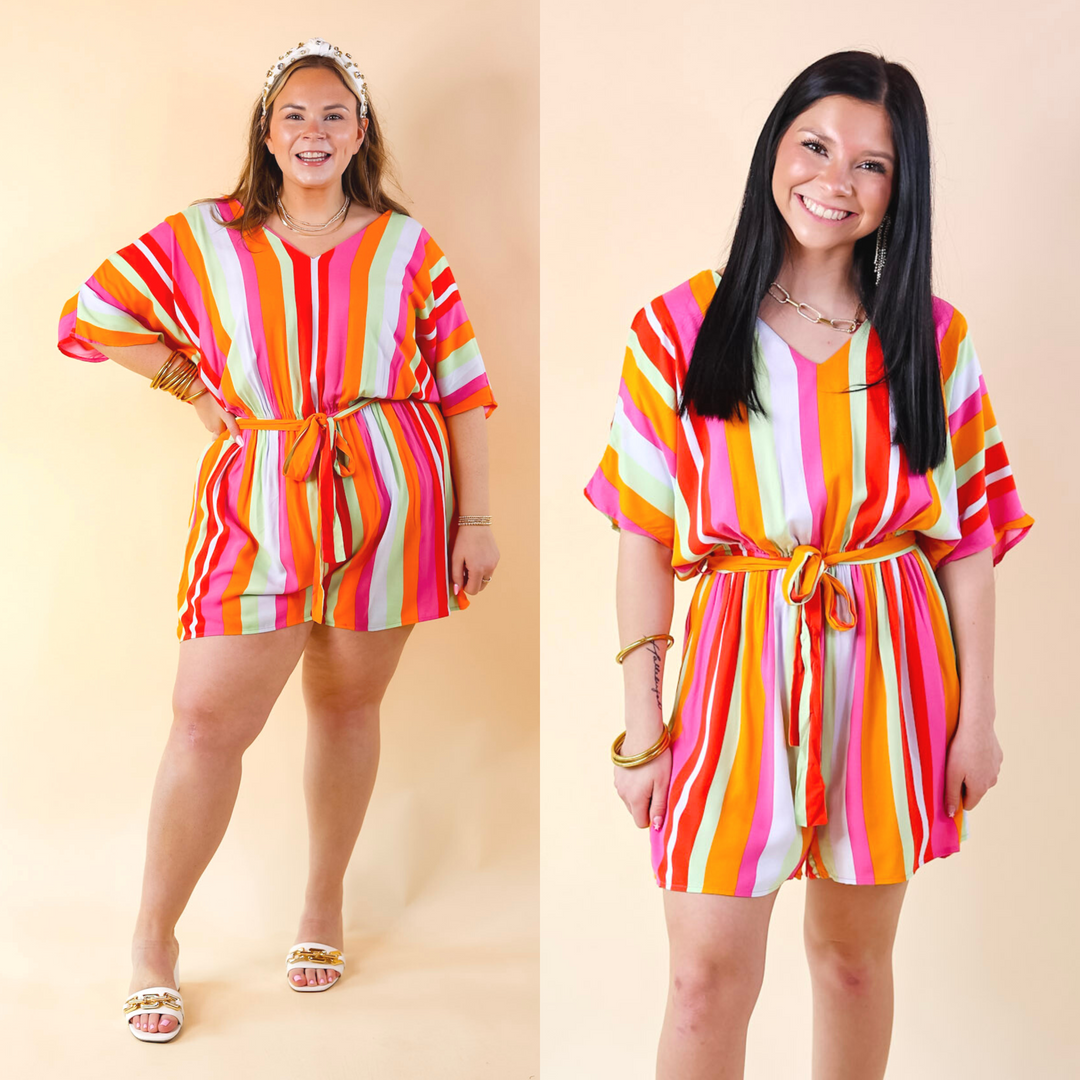 Sun And Shade Striped Romper with Short Sleeves in Pink Mix - Giddy Up Glamour Boutique