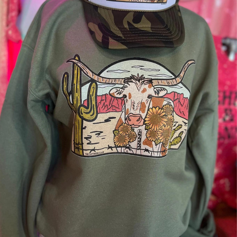 Online Exclusive | Laredo Longhorn Long Sleeve Graphic Sweatshirt in Green - Giddy Up Glamour Boutique