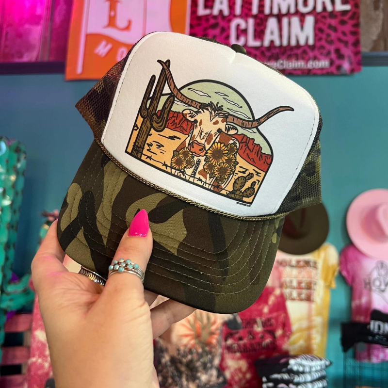 Online Exclusive | Laredo Longhorn Foam Trucker Cap in Camo & White - Giddy Up Glamour Boutique