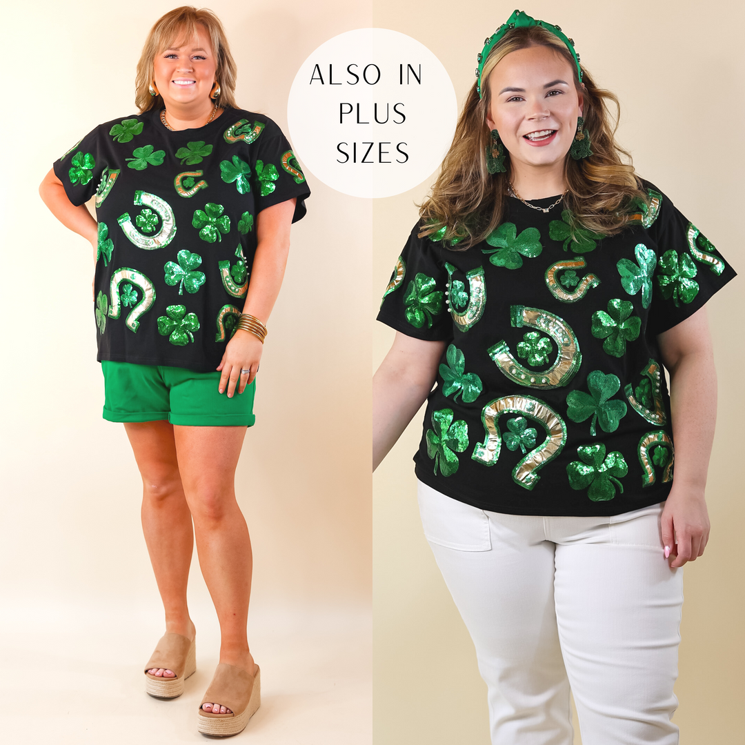 Queen Of Sparkles | Lucky Charm Fully Sequined Clover and Horseshoe Tee in Black - Giddy Up Glamour Boutique