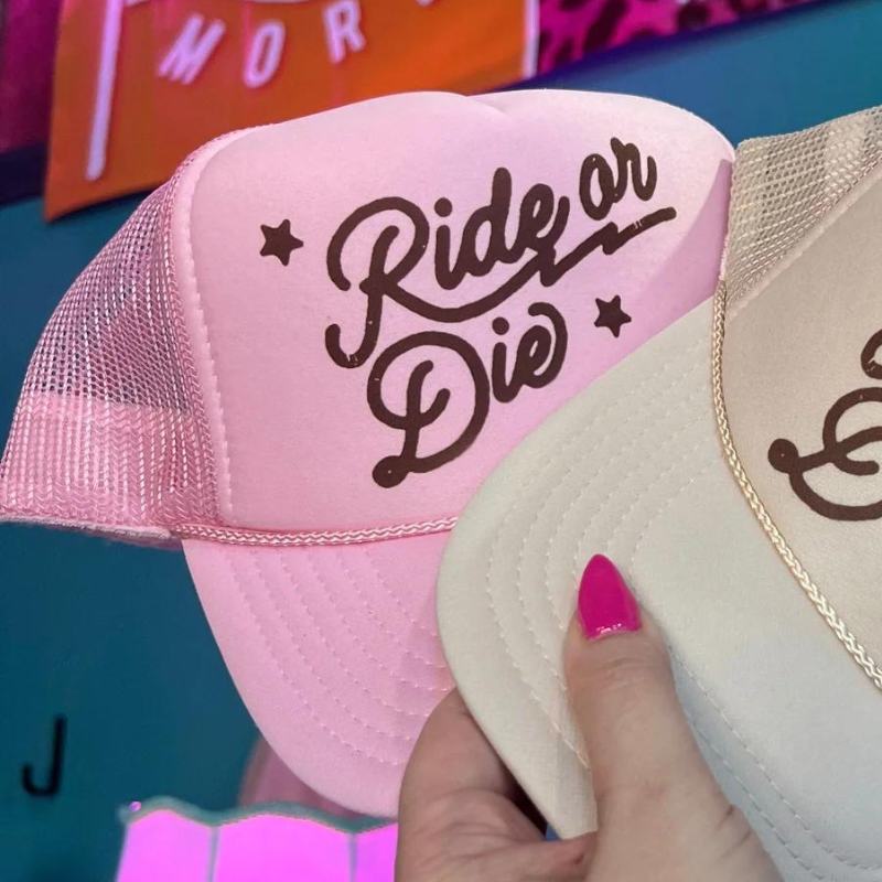 Online Exclusive | Ride or Die Foam Trucker Cap in Baby Pink - Giddy Up Glamour Boutique
